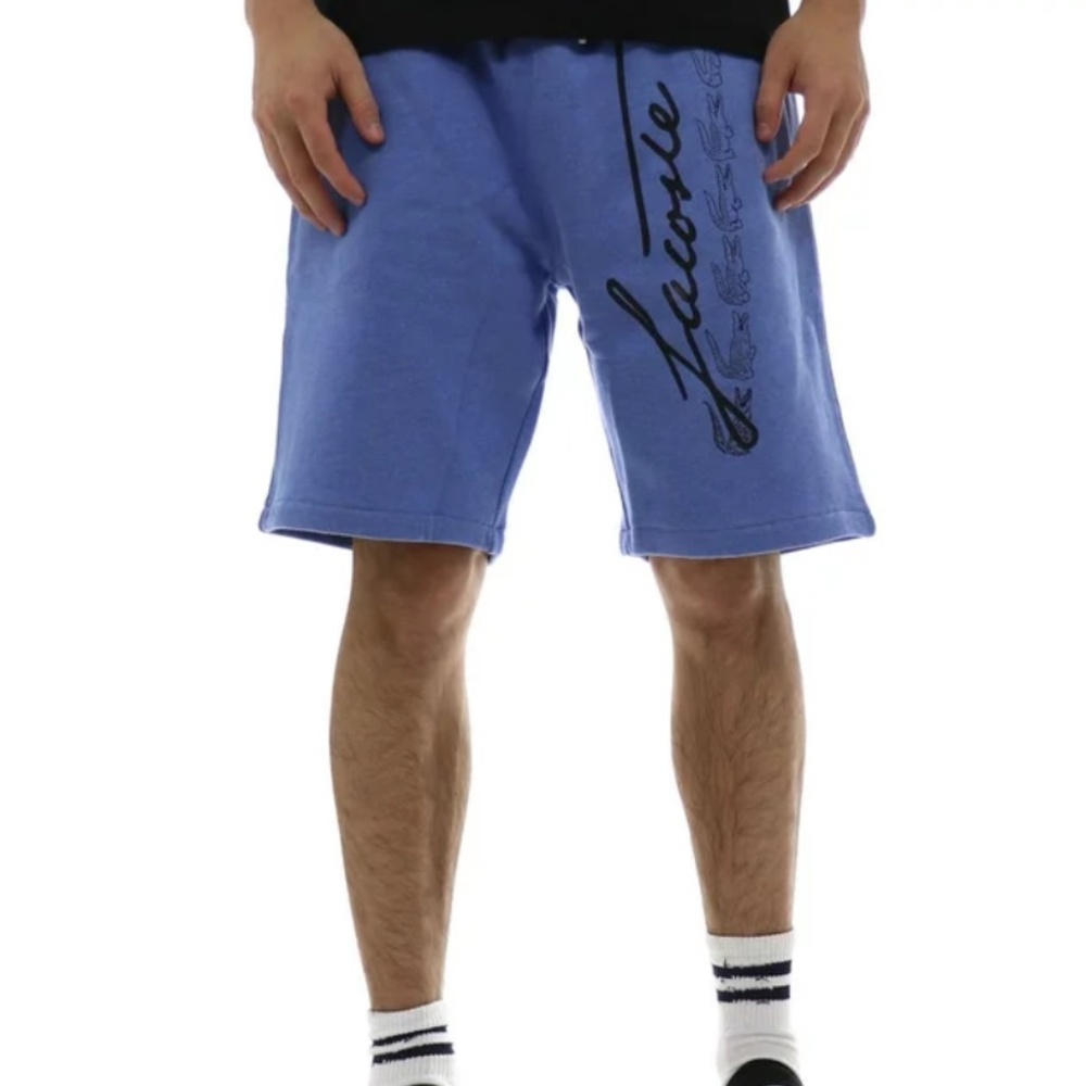 Lacoste Signature Print Cotton Fleece Shorts Blue